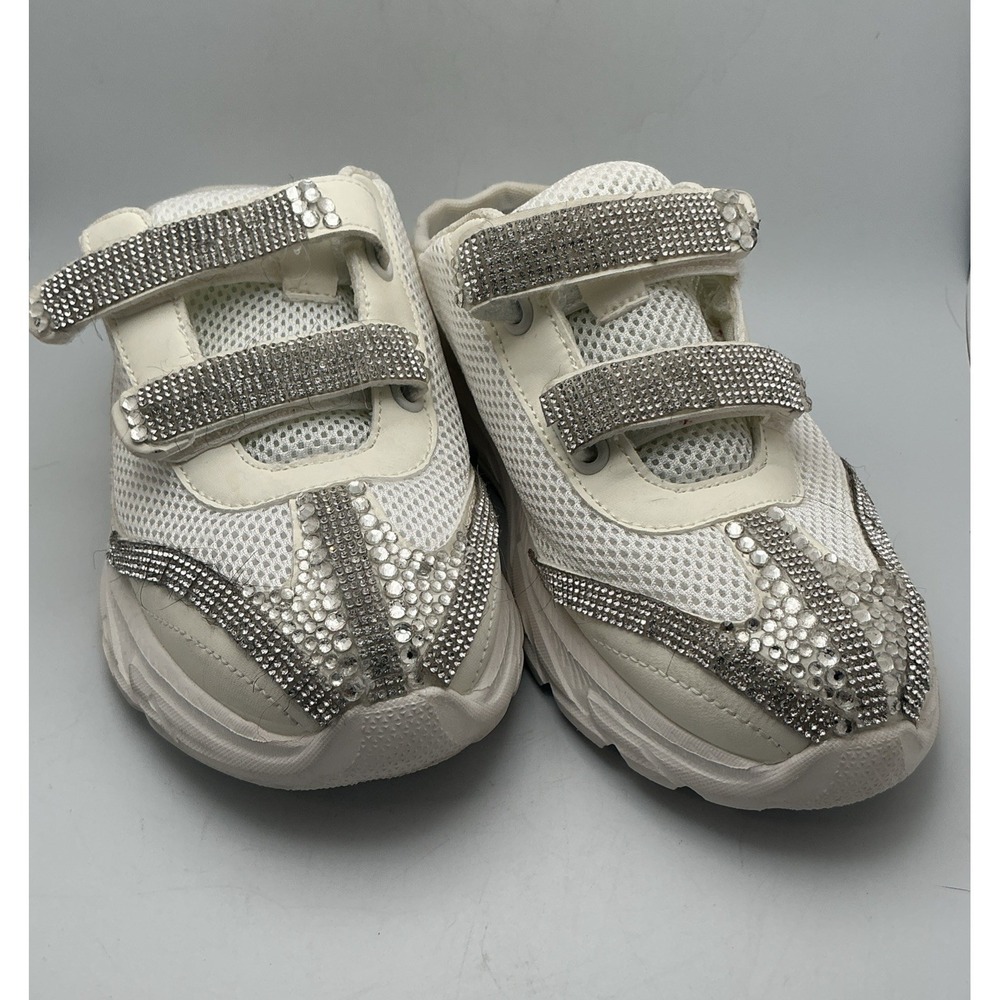 Women's HEEZ Sz 8.5 White Rhinestone Bling Chunky Sneakers Velco Straps